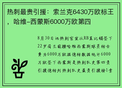 热刺最贵引援:索兰克6430万欧标王,哈维-西蒙斯6000万欧第四 热刺最贵引援:索兰克6430万欧标王,哈维-西蒙斯6000万欧第四